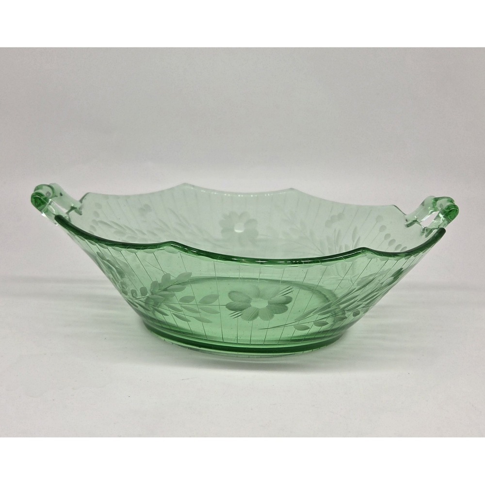 Imperial Glass Co. Elegant‎ Uranium Glass Decagon Handled Bowl Etched Flowers~9"